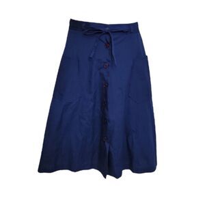 VINTAGE 70s skirt button up navy blue‎ elastic waist fit and flare midi S